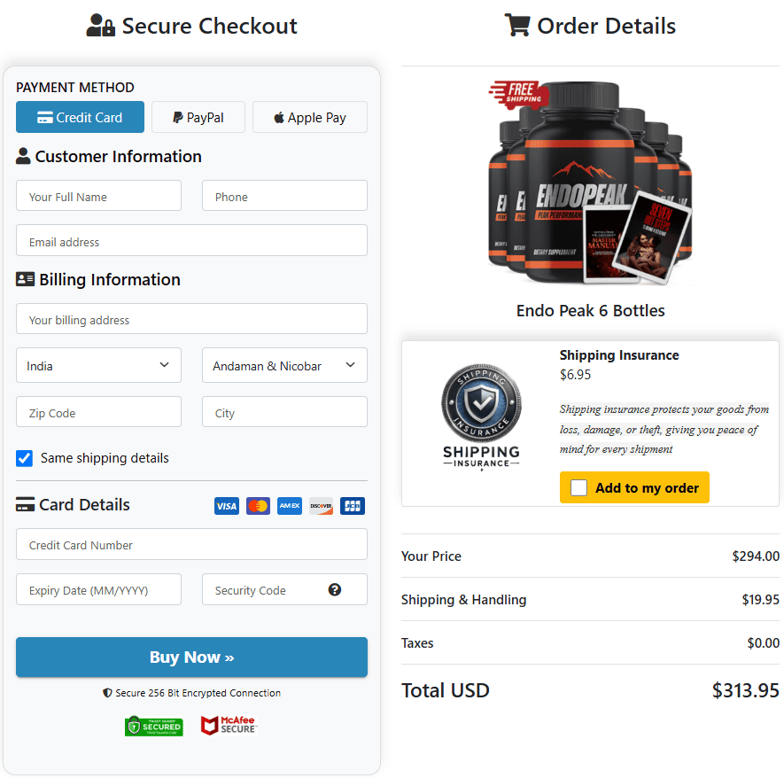 EndoPeak secure checkout – safe ordering